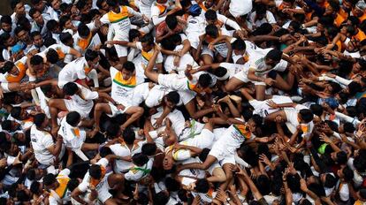 Un grupo de devotos caen mientras intentan formar una pirámide humana durante las celebraciones de Janmashtami, en Bombay (India).