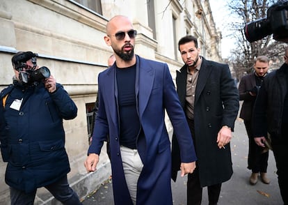 Andrew Tate, followed by his brother Tristan Tate, photographed at the Court of Appeal in Bucharest, Romania, on December 22, 2023.