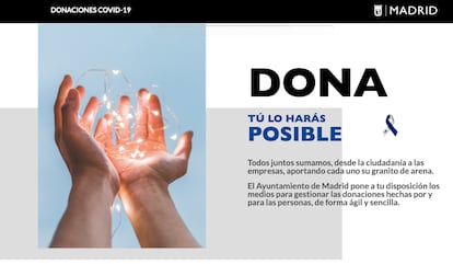 La plataforma web de donaciones 'online' para hacer frente al coronavirus del Ayuntamiento de Madrid.