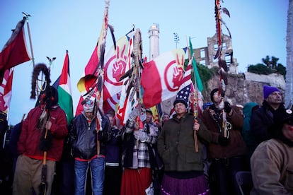 People gather at Alcatraz Island for the Indigenous People's Sunrise Ceremony (or Un-Thanksgiving Day) on November 28, 2019.