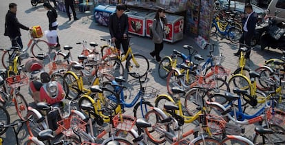 Bicicletas de alquiler estacionadas en una calle de Pekín.
