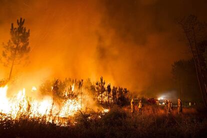 Incendio forestal en Ames, declarado a última hora de la pasada tarde en la parroquia de Ortoño, próxima a una urbanización de Bertamiráns (A Coruña), donde efectivos de Medio Rural combaten las llamas.