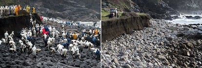 O Coído Beach near the town of Muxía on January 18, 2003. More than a hundred volunteers worked to clean the fuel spilled by the Prestige tanker. Now, 15 years later, the area is completely clean.