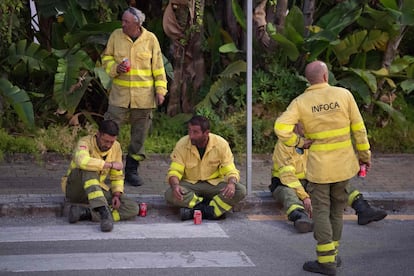 Miembros del Infoca hacen una pausa en las tareas de extinción del incendio de sierra Bermeja, en Málaga.