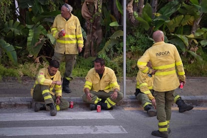 Miembros del Infoca hacen una pausa en las tareas de extinción del incendio de sierra Bermeja, en Málaga.