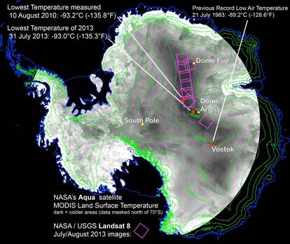 Lugares más fríos de la Tierra, ubicados en la Antártida Oriental, con los registros de temperatura tomados en ellos, tanto en la base rusa Vostok (estación meteorológica), como en los domos Fuji y Argus (medidas remotas a través del satélite Landsat 8).