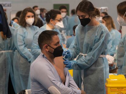 A man receives the AstraZeneca in Seville on Thursday.