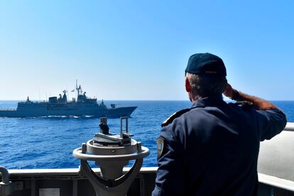 La flota europea durante sus maniobras en el Mediterráneo oriental, el pasado martes.