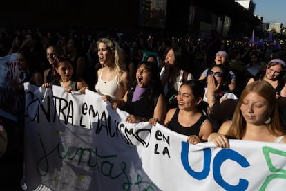 Un colectivo de mujeres marchan durante el Día Internacional de la Eliminación de la Violencia contra la Mujer, en Santiago de Chile. 