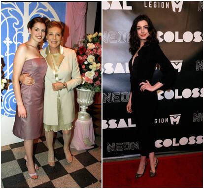 A la derecha, Anne Hathaway y Julie Andrews en el estreno de 'Princesa por sorpresa' en Los Ángeles en 2001. A la derecha, la actriz el pasado  mes de abril.