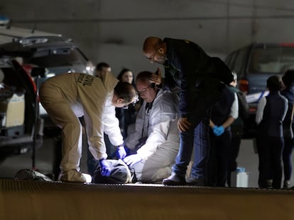 Specialists of the Guardia Civil work in the garage where the body of Maxim Kuzminov was found, in Alicante.