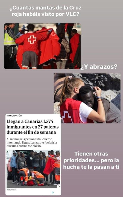 Meme en redes que desinforma con mensajes racistas sobre Cruz Roja Española.