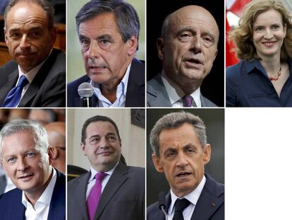 Los siete candidatos en las primarias de Los Republicanos. Arriba: Jean-Francois Copé, François Fillon, Alain Juppé, Nathalie Kosciusko-Morizet. Abajo: Bruno Le Maire, Jean-Frédéric Poisson y Nicolas Sarkozy.
