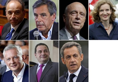 Los siete candidatos en las primarias de Los Republicanos. Arriba: Jean-Francois Copé, François Fillon, Alain Juppé, Nathalie Kosciusko-Morizet. Abajo: Bruno Le Maire, Jean-Frédéric Poisson y Nicolas Sarkozy.