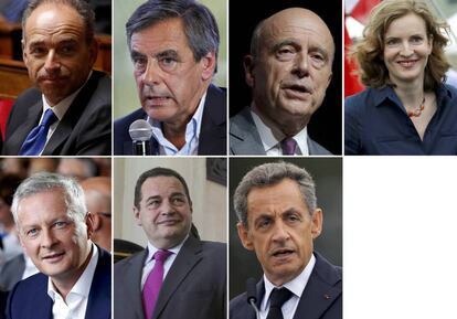 Los siete candidatos en las primarias de Los Republicanos. Arriba: Jean-Francois Copé, François Fillon, Alain Juppé, Nathalie Kosciusko-Morizet. Abajo: Bruno Le Maire, Jean-Frédéric Poisson y Nicolas Sarkozy.