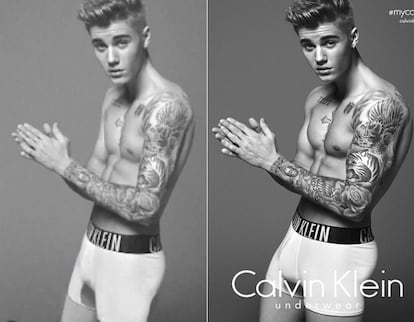 Uno de los misterios sin resolver más famosos en esto de las alteraciones de Photoshop fue el caso de la campaña de Justin Bieber para Calvin Klein en 2015. Al poco de descubrirse la campaña, se filtraron unas imágenes (izquierda) que supuestamente eran más acordes a la realidad física del cantante.