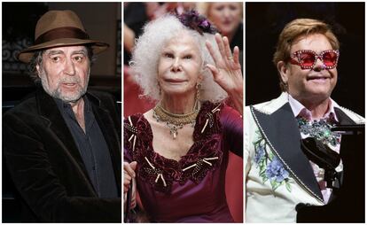 Joaquín Sabina, la duquesa de Alba y Elton John.