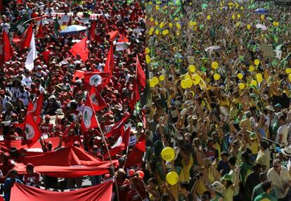 Manifestantes a contra e a favor do impeachment, em São Paulo (à esq.) e em Brasília. 