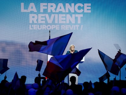La presidenta de Agrupación Nacional, Marine Le Pen, durante la celebración de los resultados de las elecciones europeas.