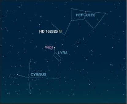 Localizaci&oacute;n en el cielo de la estrella HD 162826 hermana del Sol.