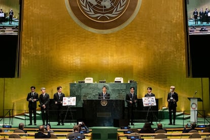 El grupo de K-pop BTS, representante especial de Corea del Sur, en un acto sobre los Objetivos de Desarrollo del Milenio en la ONU