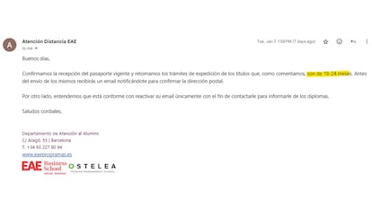 El correo enviado por la EAE a un estudiante graduado en junio de 2024.