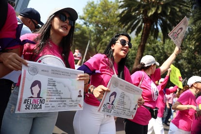 Manifestantes de la marcha en CIudad de México contra la reforma electoral de Morena.