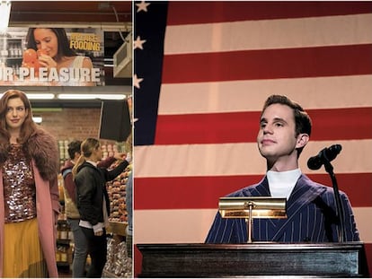 A la izquierda, Anne Hathaway en 'Modern Love'. A la derecha, Ben Platt en 'The Politician'.