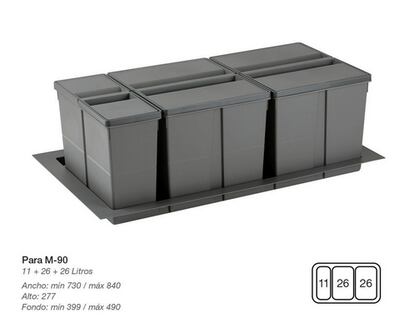 Un set de tres cubos de 11, 26 y 26 litros para separar residuos apto para un mueble de 90 centímetros.