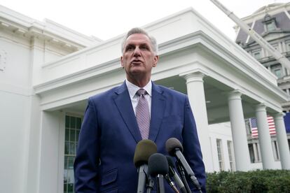 House Speaker Kevin McCarthy speaks with reporters at the White House in Washington, Nov. 29, 2022.