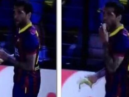 Captura televisiva del momento en el que Alves recoge y come el plátano. 