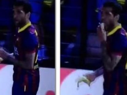 Captura televisiva del momento en el que Alves recoge y come el plátano. 