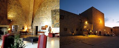 Tapices y armaduras en el salón del Parador de Jaén. A la derecha, el exterior del edificio.