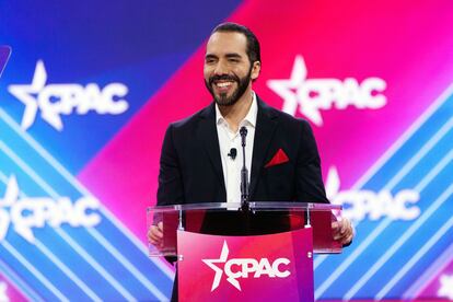 Washington Dc (Usa), 22/02/2024.- President of El Salvador Nayib Bukele delivers remarks during the Conservative Political Action Conference (CPAC) 2024 at National Harbor, Maryland, USA, 22 February 2024. The Conservative Political Action Conference is an annual political conference attended by conservative activists and elected officials from across the United States and beyond. (Estados Unidos) EFE/EPA/WILL OLIVER