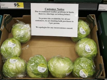 Una caja de lechugas en un supermercado brit&aacute;nico con un cartel que advierte del racionamiento.