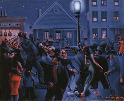 'Gettin' Religion' (1948) óleo de Archibald Motley que retrata una escena nocturna en Chicago. El Museo Whitney de Nueva York le dedica una retrospectiva este artista en otoño.