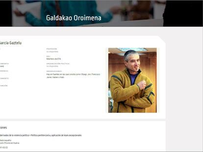 Captura de imagen de la web de memoria histórica de Galdacao, municipio de Vizcaya. 
En la imagen, la ficha de Xabier García Gaztelu, alias 'Txapote', miembro del grupo terrorista ETA.