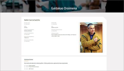 Captura de imagen de la web de memoria histórica de Galdacao, municipio de Vizcaya. 
En la imagen, la ficha de Xabier García Gaztelu, alias 'Txapote', miembro del grupo terrorista ETA.