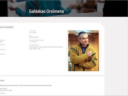 Captura de imagen de la web de memoria histórica de Galdacao, municipio de Vizcaya. 
En la imagen, la ficha de Xabier García Gaztelu, alias 'Txapote', miembro del grupo terrorista ETA.
