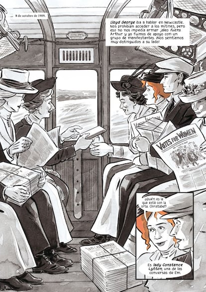 Un grupo de sufragistas viaja en tren el 8 de octubre de 1909 para manifestarse a las puertas del acto donde iba a intervenir el ministro de Hacienda, Lloyd George.