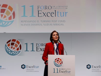 Reyes Maroto, ministra de Industria, Comercio y Turismo, este martes en la clausura del foro de Exceltur.