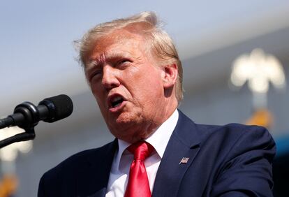 Donald Trump speaks during a 2024 presidential election campaign event at Sportsman Boats in Summerville, South Carolina, on September 25, 2023.