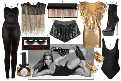 BEYONCÉ:
1. Topshop Mono de lycra. 2. H&M Cuello de punto con flecos de cuentas. 3. Bobbi Brown Paleta de sombras de ojos “Sequin Shimmer Brick”. 4. Julia Clancey Vestido de lamé con volantes en el escote. 5. Casadei Botín acordonado con cremallera y plataforma. 6. Bershka Shorts de paillettes. 7. Gorgeous Cosmetics Pestañas postizas “Priscilla”. 8. H&M Body negro. 9. Beyoncé con look del videoclip “Single ladies”. 10. Ciaté Laca de uñas “Ladylike Luxe”. 11. Asos Pendientes de eslabones cuadrados.