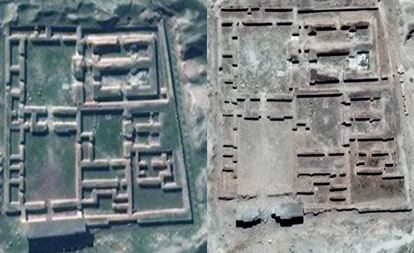 La ciudadela de Nimrud (Irak). En la izquierda, la imagen de satélite tomada el 12 de febrero de 2016. En la derecha, la misma imagen tomada el 3 de junio de 2016.