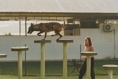 Una mujer entrena a su perro.