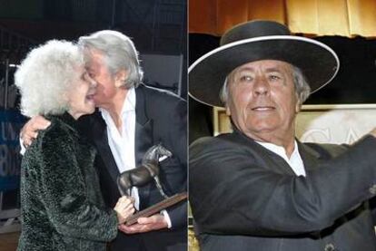 Alain Delon besa a la duquesa de Alba en presencia de su esposo, Alfonso Díez. A la derecha, el actor, tocado 
con un sombrero cordobés.