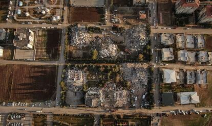 An aerial view shows residential buildings ruined by a deadly earthquake in Adiyaman, Turkey, February 8, 2023. 