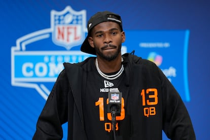 Shedeur Sanders, en una rueda de prensa de febrero pasado.
