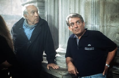 Escena de la producción de Antena 3 " Camino de Santiago", miniserie sobre un relato de Arturo Pérez Reverte. En imagen, los actores Anthony Quinn y José Sancho..