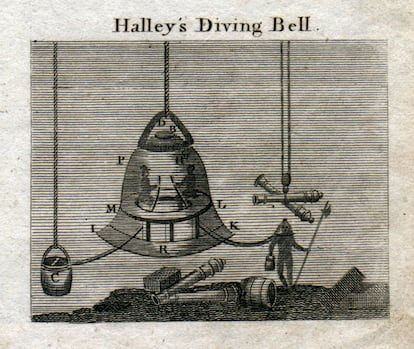 A diagram explaining the operation of a diving bell invented by Edmond Halley in 1691. 